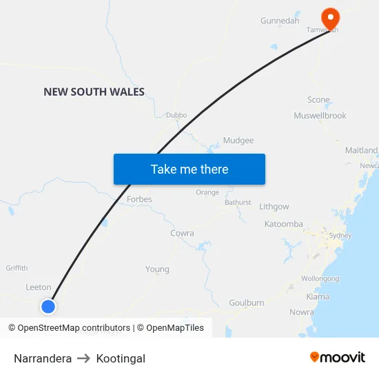 Narrandera to Kootingal map