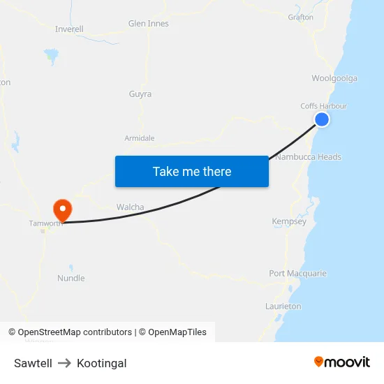Sawtell to Kootingal map