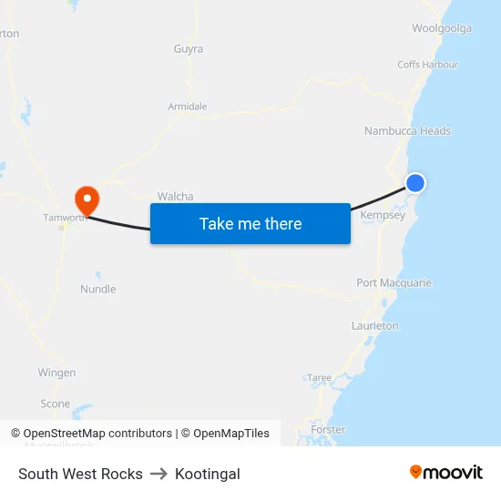 South West Rocks to Kootingal map