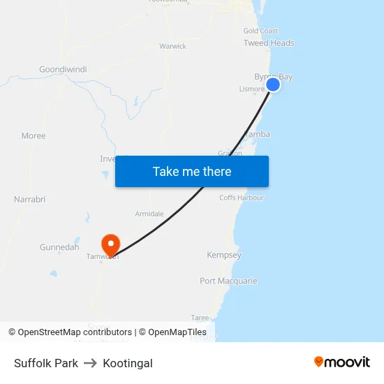 Suffolk Park to Kootingal map