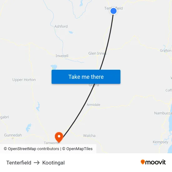 Tenterfield to Kootingal map