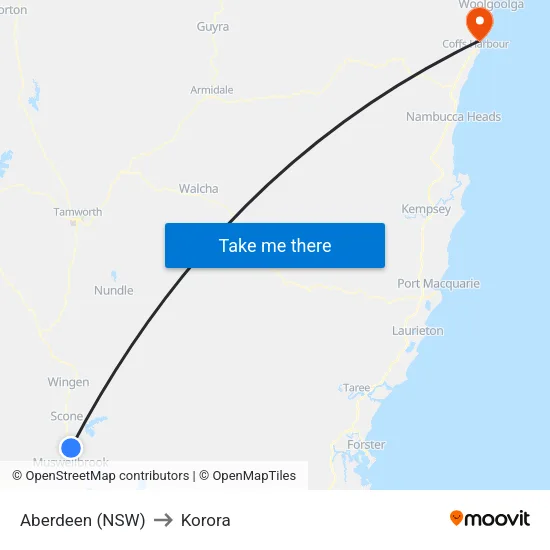 Aberdeen (NSW) to Korora map