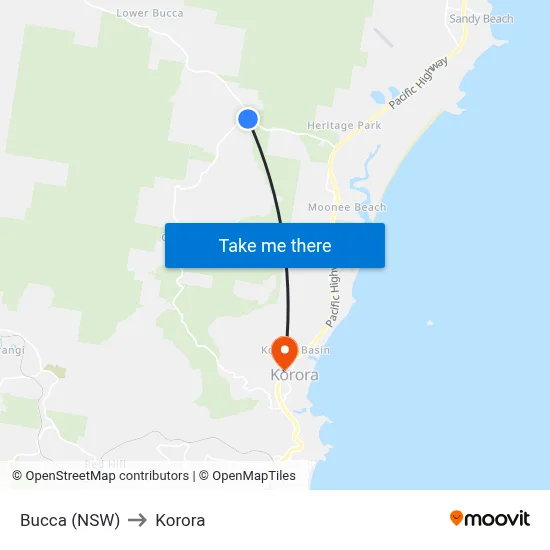 Bucca (NSW) to Korora map