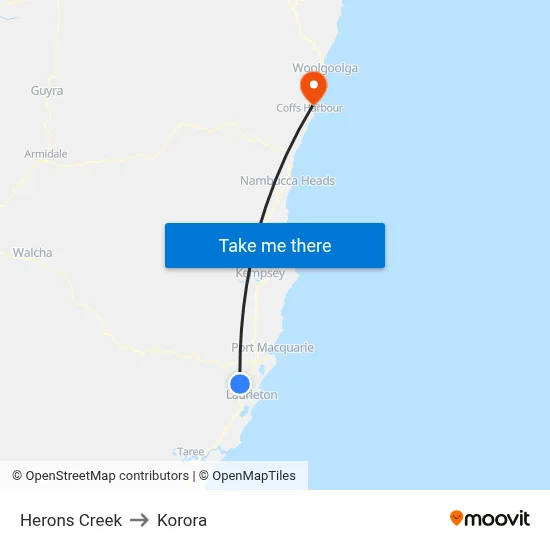 Herons Creek to Korora map