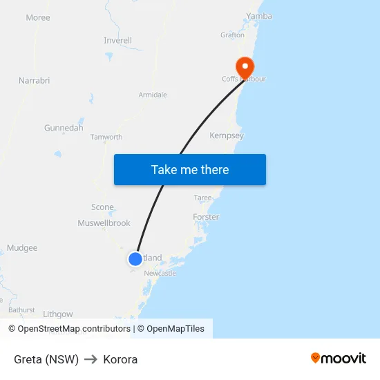 Greta (NSW) to Korora map