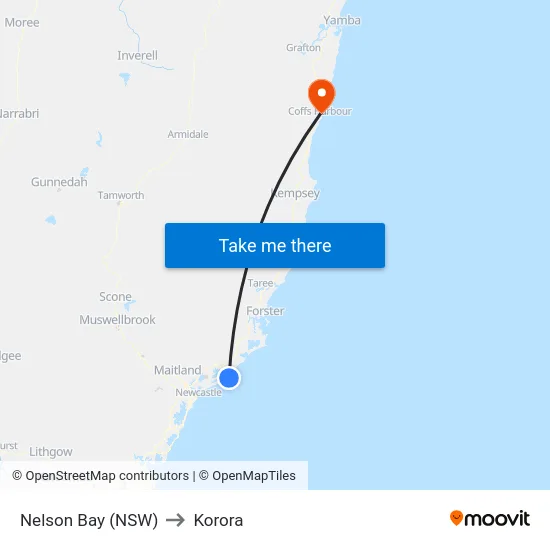 Nelson Bay (NSW) to Korora map