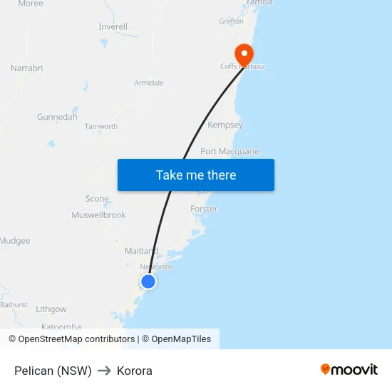 Pelican (NSW) to Korora map