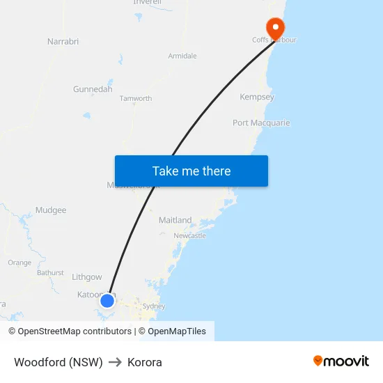 Woodford (NSW) to Korora map