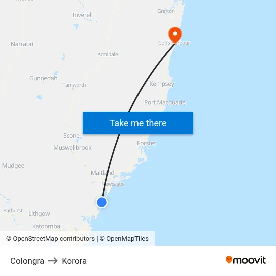 Colongra to Korora map