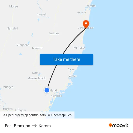 East Branxton to Korora map