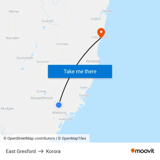 East Gresford to Korora map