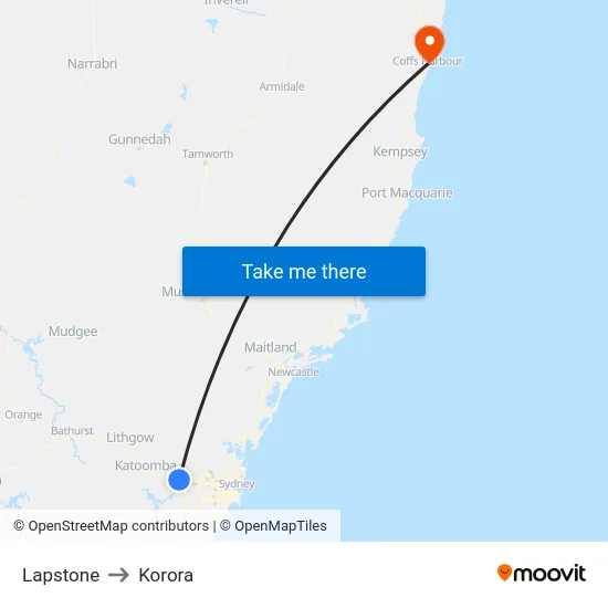 Lapstone to Korora map