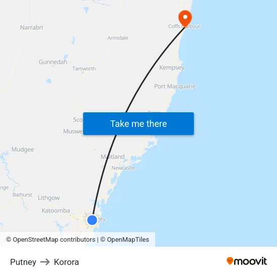 Putney to Korora map