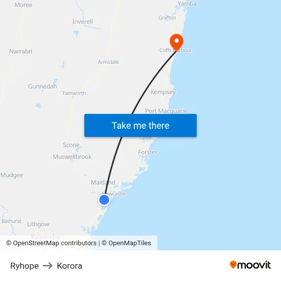 Ryhope to Korora map