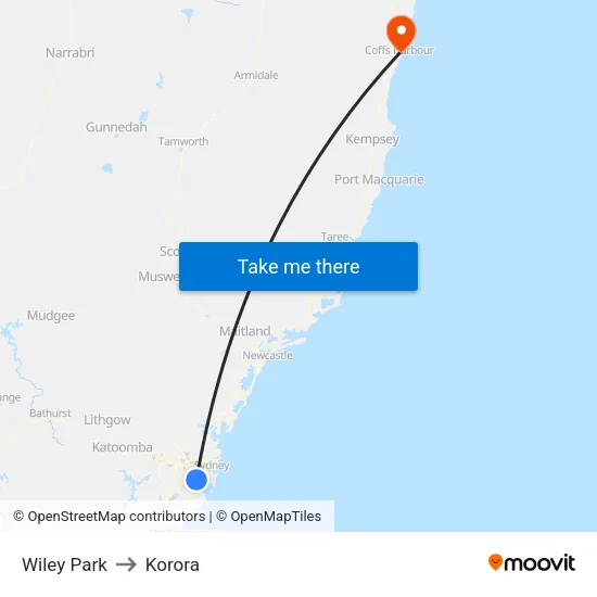 Wiley Park to Korora map