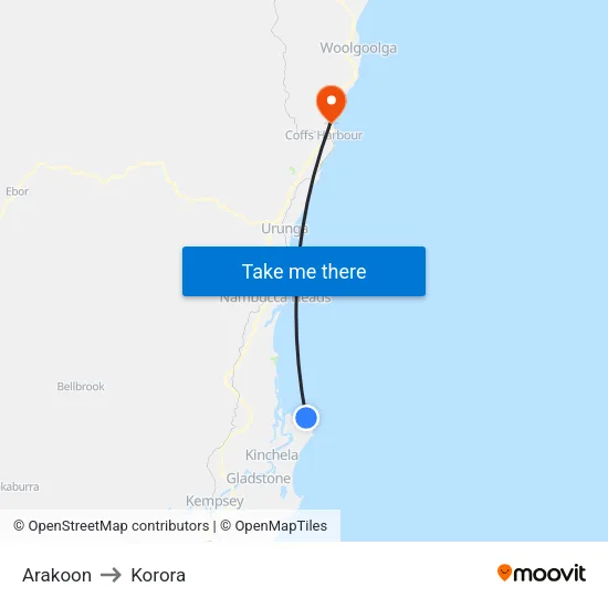 Arakoon to Korora map