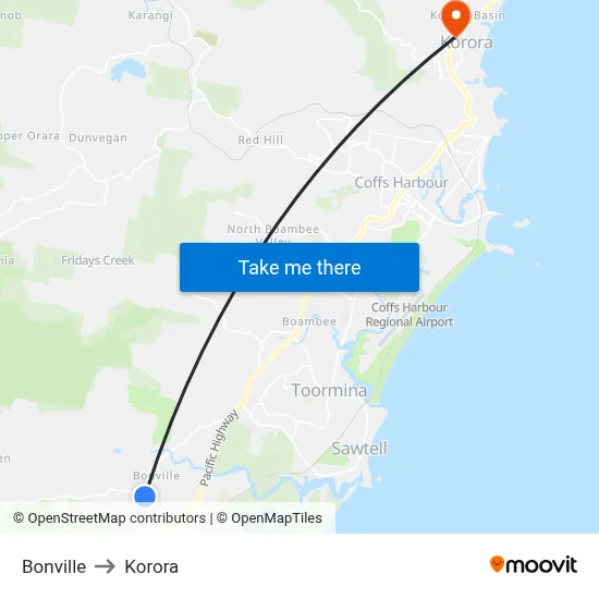 Bonville to Korora map
