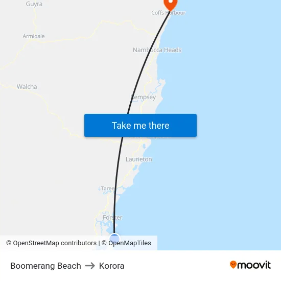 Boomerang Beach to Korora map