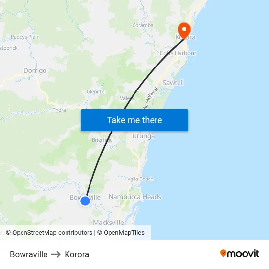 Bowraville to Korora map