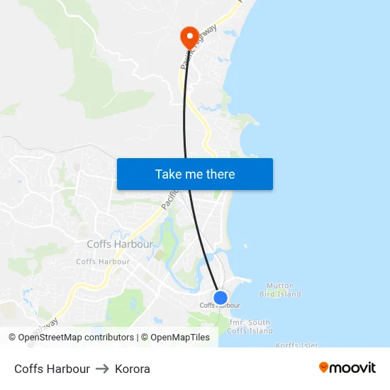 Coffs Harbour to Korora map