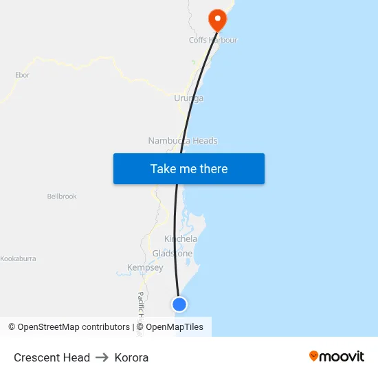 Crescent Head to Korora map