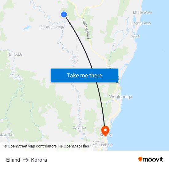 Elland to Korora map