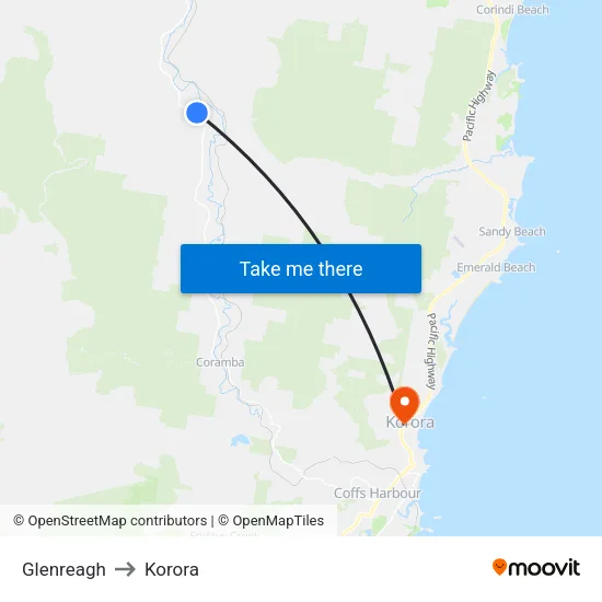Glenreagh to Korora map