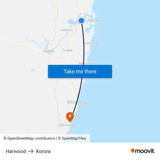Harwood to Korora map
