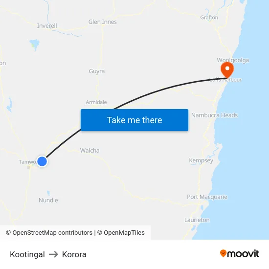 Kootingal to Korora map