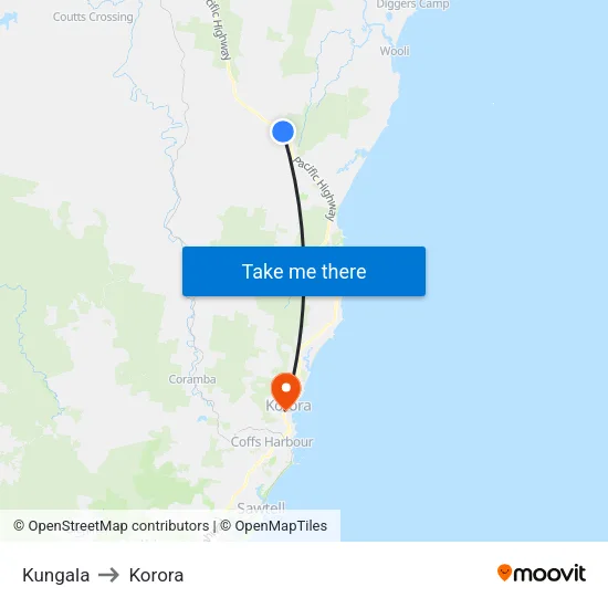 Kungala to Korora map