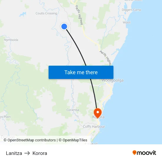 Lanitza to Korora map