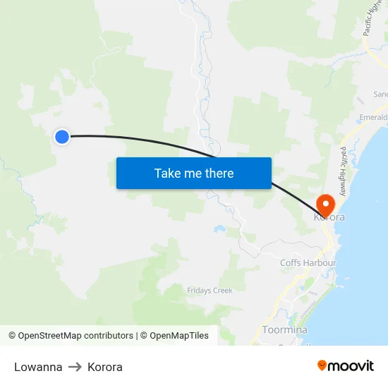 Lowanna to Korora map