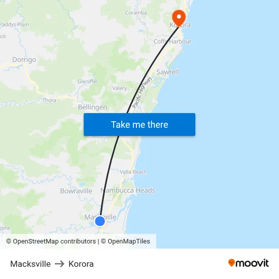 Macksville to Korora map