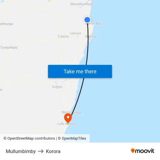 Mullumbimby to Korora map