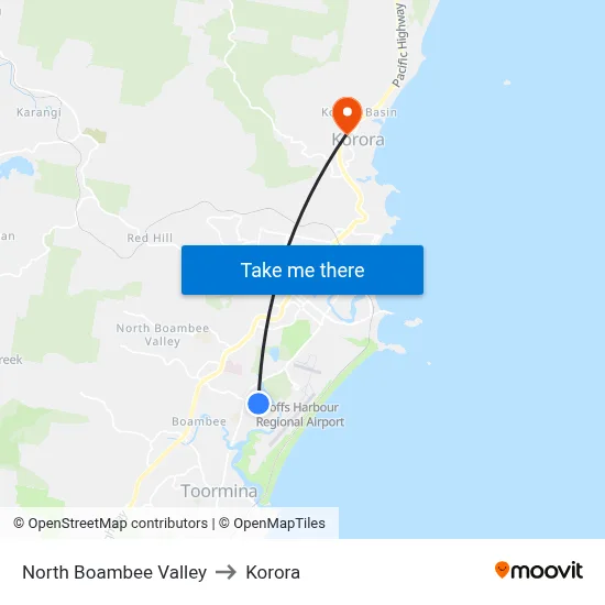 North Boambee Valley to Korora map