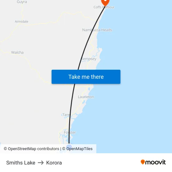 Smiths Lake to Korora map