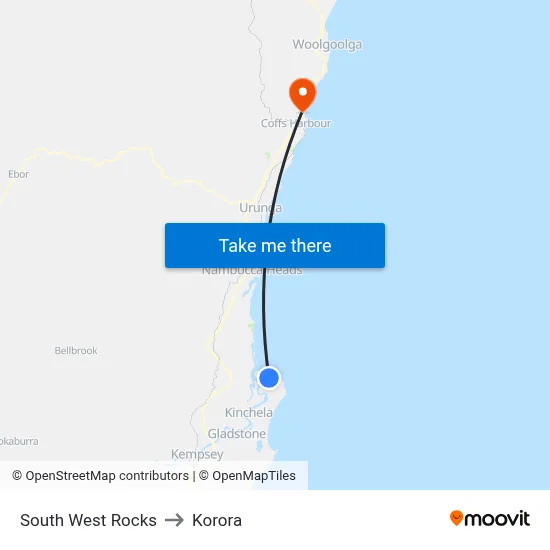 South West Rocks to Korora map
