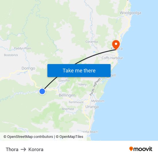 Thora to Korora map