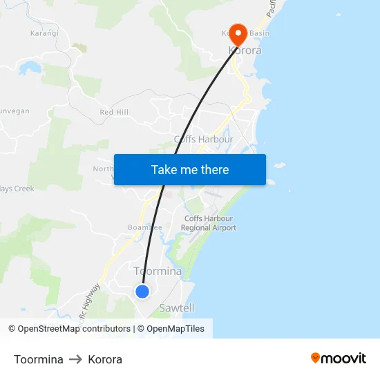 Toormina to Korora map
