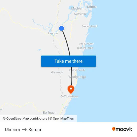 Ulmarra to Korora map