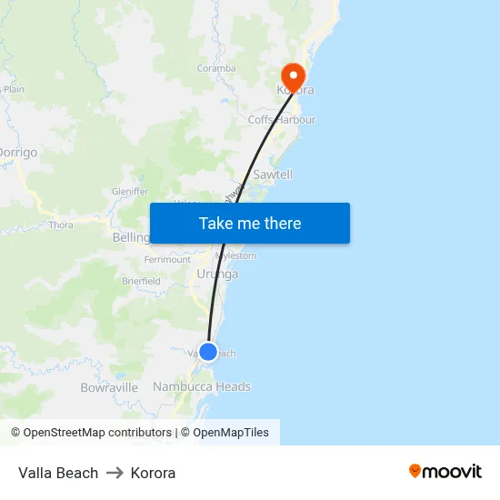 Valla Beach to Korora map