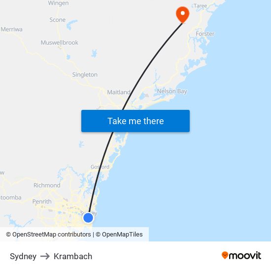 Sydney to Krambach map