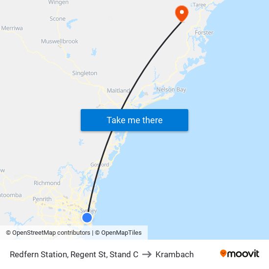 Redfern Station, Regent St, Stand C to Krambach map