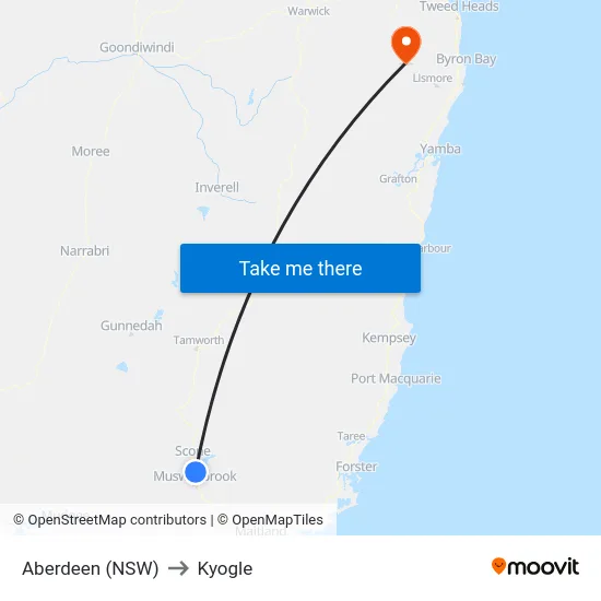 Aberdeen (NSW) to Kyogle map