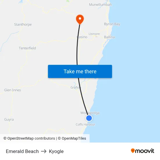 Emerald Beach to Kyogle map
