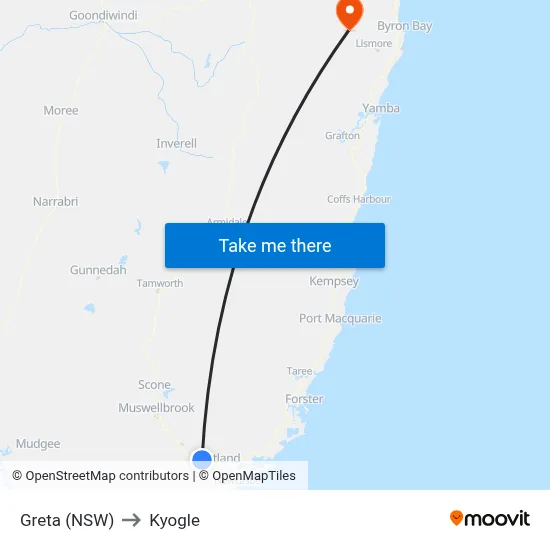 Greta (NSW) to Kyogle map