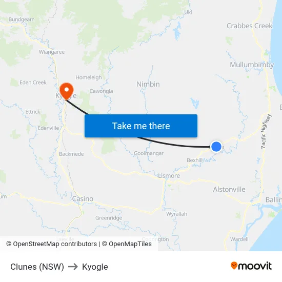 Clunes (NSW) to Kyogle map