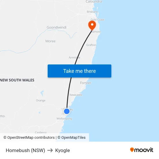 Homebush (NSW) to Kyogle map