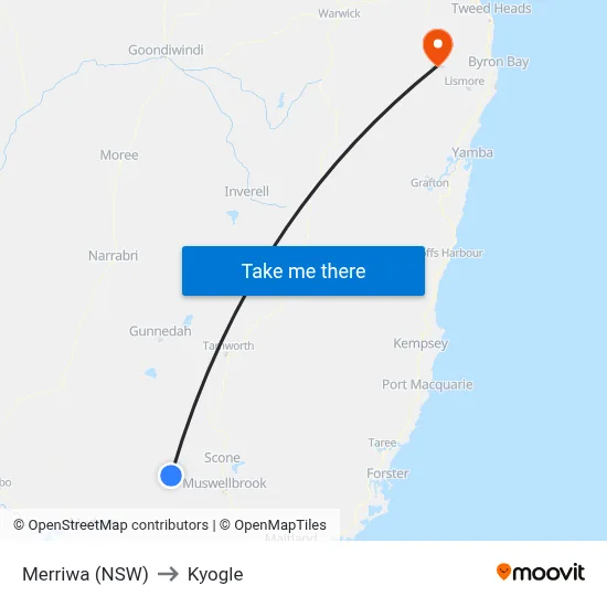 Merriwa (NSW) to Kyogle map
