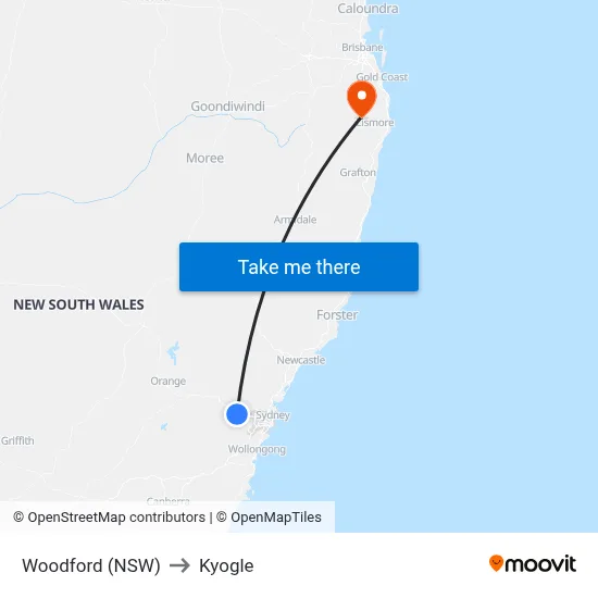 Woodford (NSW) to Kyogle map